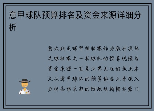 意甲球队预算排名及资金来源详细分析